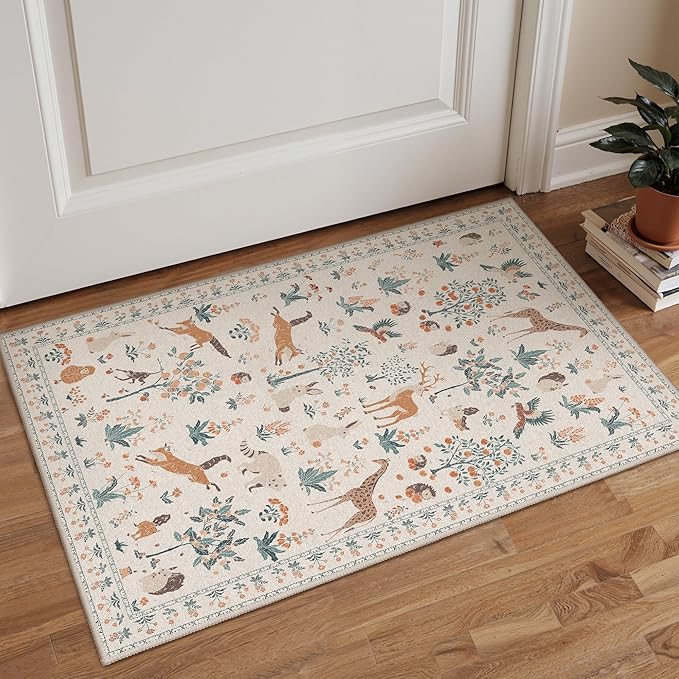 Door Mat Indoor Entrance 2x3 Floral Animal Print Rug Machine Washable Rug, Non Slip Low Pile Throw Indoor Doormat for Entryway, Front Door, Nursery, Beige