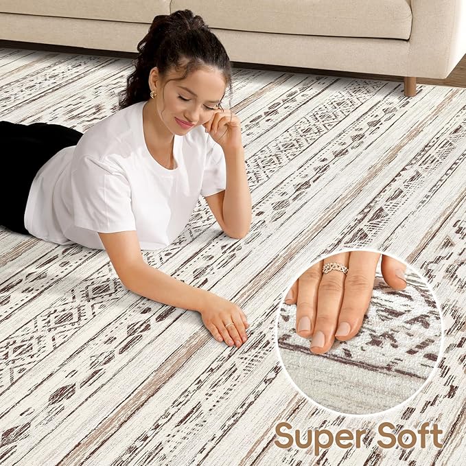 Area Rugs for Living Room Washable Living Room Rug Soft Neutral Indoor Floor Carpet Non-Slip Stain Resistant Modern Boho Rugs for Bedroom Dining Room Kids Room Nursery Office Home Cream Brown