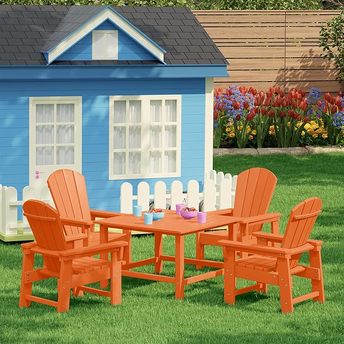 Costaelm Paradise Kids 5-Piece HDPE Outdoor Square Patio Dining Table and Chairs Set, Orange