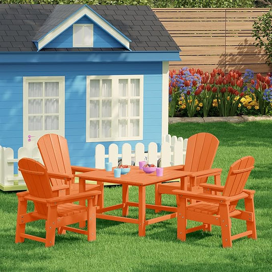 Costaelm Paradise Kids 5-Piece HDPE Outdoor Square Patio Dining Table and Chairs Set, Orange