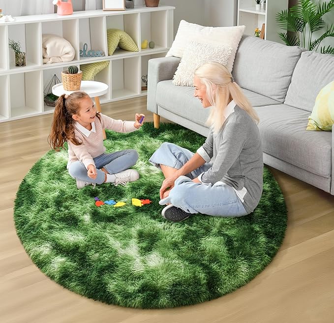 EVOIONOS Tie-Dyed Green Round Rug Bedroom, 4x4 Ft Fluffy Soft Circle Area Rugs Living Room, Plush Shaggy Circular Carpet Indoor Floor Bedside Kids Nursery, Machine-Washable Home Decor Aesthetic