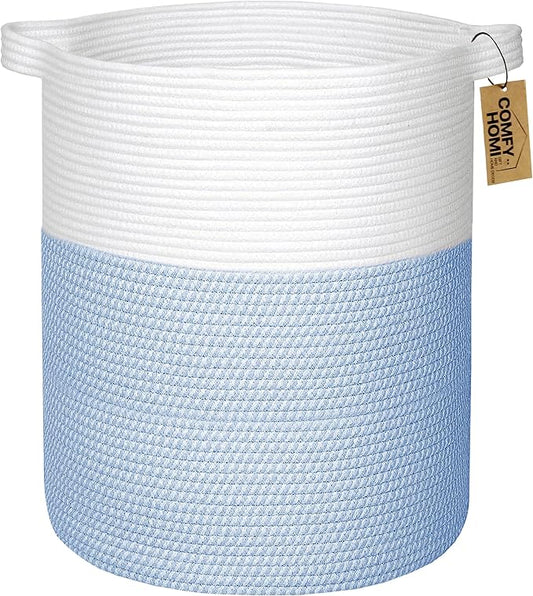 COMFY-HOMI XXL Large Laundry Basket with Handles Blanket Baskets Living Room|Woven Cotton Rope Decorative Basket Laundry Hamper Baby Basket Nursery Dog Toy Storage Organizer Bin-16”x18”-White/Blue