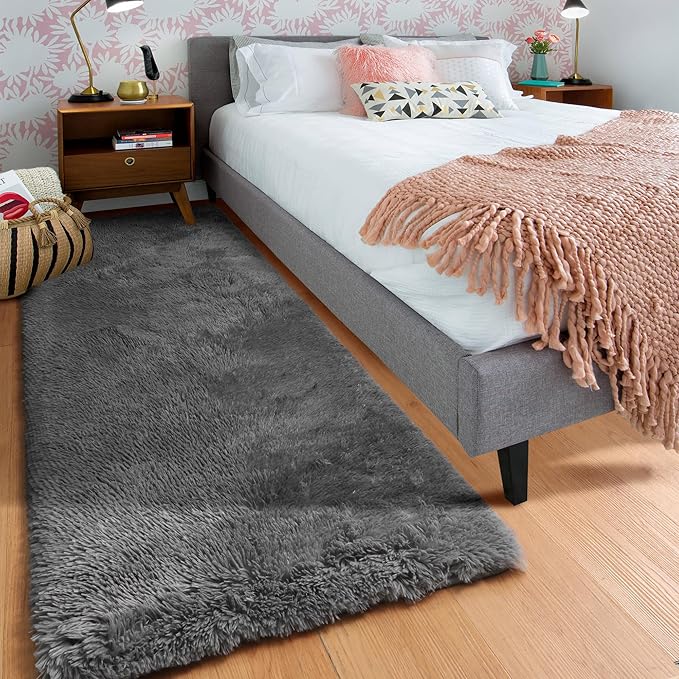 ONASAR 2x6 Grey Runner Rugs for Bedroom Living Room, Washable Fluffy Bedside Hallway Throw Area Rug, Gray Ultra Soft Plush Furry Floor Carpet Mat for Nursery Kids Dorm Closet Home Decor Aesthetic