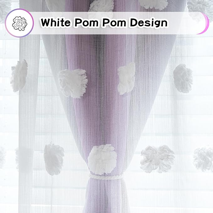 MYSKY HOME Pink Curtains 95 Inch Purple Curtains for Toddler Bedroom White Sheer Pom Pom Double Layer Blackout Curtains for Kids Grommet Room Darkening Curtains for Sliding Door 2 Panels 52 x 95 in