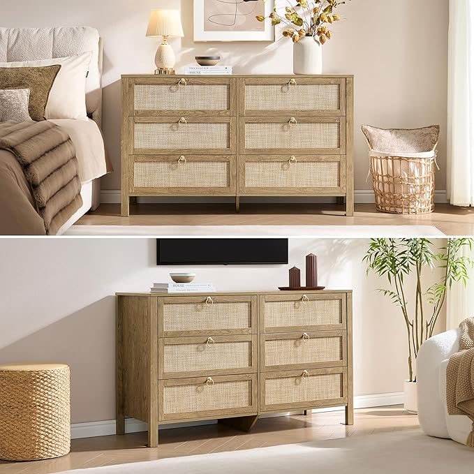SICOTAS 6 Drawer Dresser for Bedroom - 2 Pieces 51" Wide Rattan Dressers Chest of Drawers for Closet, Larger Storage Cabinet Farmhouse Boho Dresser TV Stand for Living Room, Hallway (Carbon Cherry)