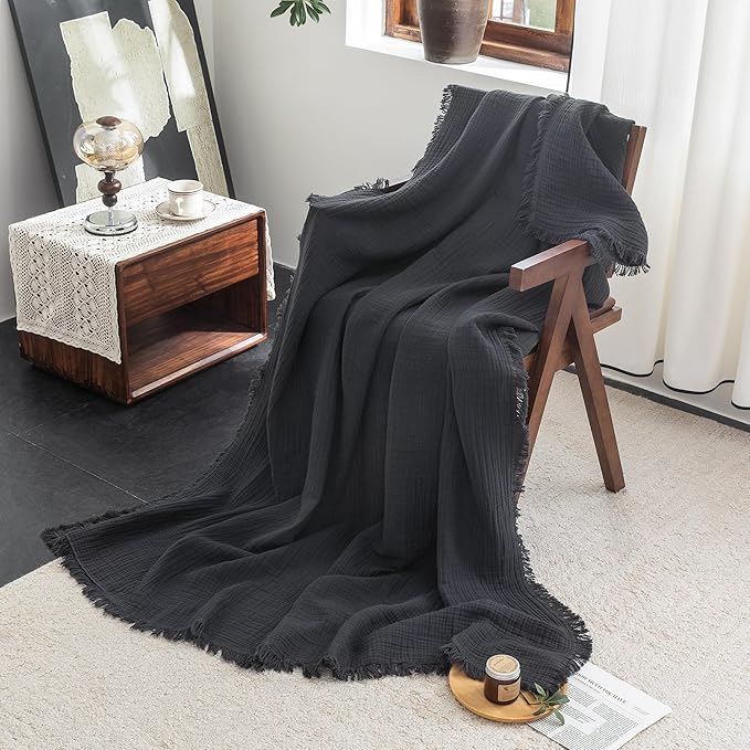 FOSSA Muslin Blanket with Fringe - 4-Layer 100% Cotton Gauze Super Soft & Breathable Throw -Lightweight Decorative Cooling Blanket for Bed, Sofa, Office -Twin XL Size 90" × 66" (Dark Gray)