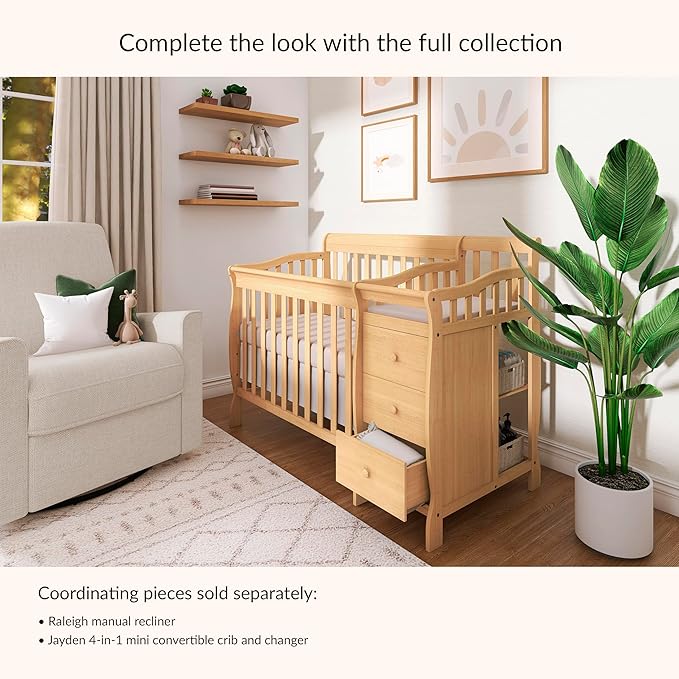 Dream On Me Jayden 4-in-1 Mini Convertible Crib And Changer in Natural, Greenguard Gold Certified, Non-Toxic Finish, New Zealand Pinewood, 1" Mattress Pad
