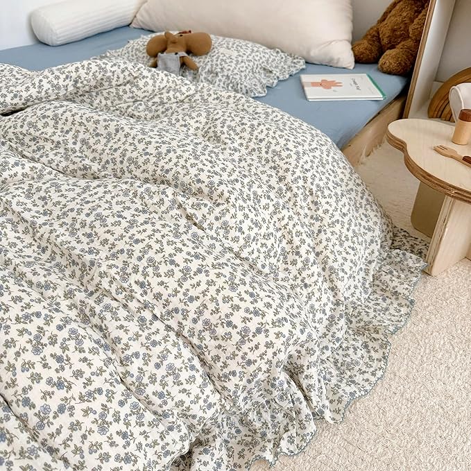 AOJIM Muslin Cotton Kids Duvet Cover 1Piece with Blue Floral, Soft Breathable Toddler Comforter Cover Twin Size 68X86'', Vintage Bed Decor Durable Ruffled Duvet Cover for Girls Boys, No Pillowcase