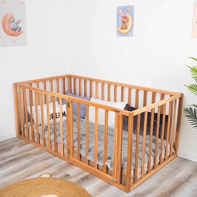 Montessori Bed for Toddlers with 31.4" Rails, Made in Europe Floor Bed for Kids from Alder Wood, 7 Colors Toddler Play Pen, Water Based Paint, 5 Sizes Wood Playpen for Toddler Playroom (Model 6.3)