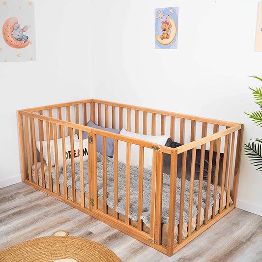 Montessori Bed for Toddlers with 31.4" Rails, Made in Europe Floor Bed for Kids from Alder Wood, 7 Colors Toddler Play Pen, Water Based Paint, 5 Sizes Wood Playpen for Toddler Playroom (Model 6.3)