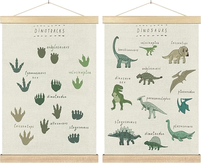 BCUANGD Dinosaur Dino Paws Wall Decor - Baby Toddler Boys Room Wall Art Poster Hanger with Wood Frames, Inspirational Hanging Canvas Decor for Kids Room Playroom Nursery Bedroom, 16x24 Inches