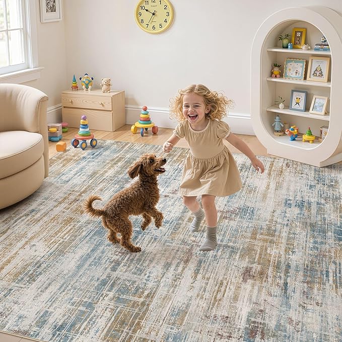 Area Rug for Living Room: 9x12 Washable Neutral Abstract Modern Soft Rugs Non Slip Indoor Floor Stain Resistant Large Carpet for Bedroom Dining Room Office Nursery - Blue Brown