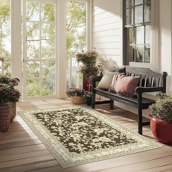 Brown Floral Print Area Rugs for Bedroom Living Room Boho Farmhouse Country Rustic Dining Room Carpet Soft Washable Rugs Non Slip Floor Covering for Nursery Playroom 3x5