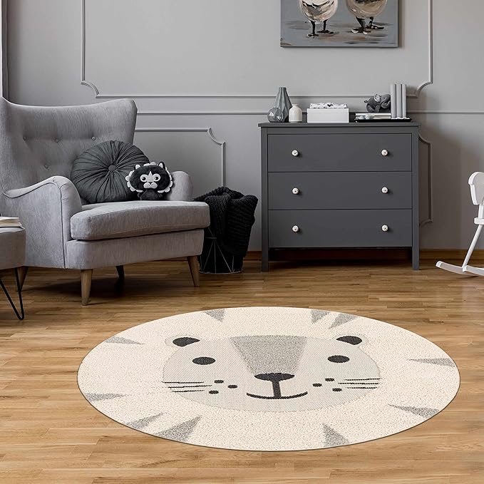 Hauteloom Kids Room, Nursery Round Area Rug - Outdoor Patio Safe - Animal Baby Lion Playroom Carpet - Beige, Gray, Black, Cream - 7'10"