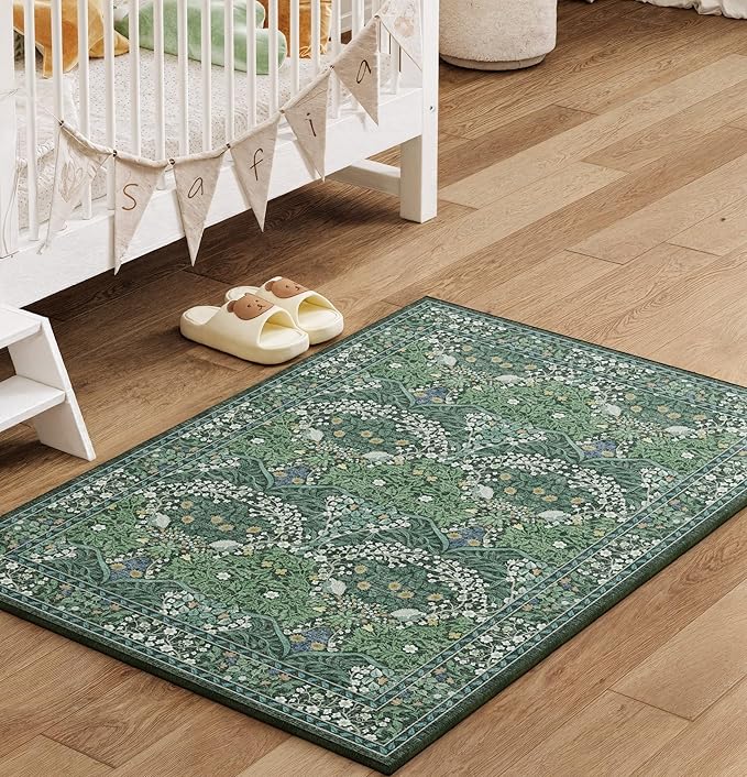 2x3 Washable Dark Green Floral Area Rug for Living Room, Non-Slip Soft Floral Print Vintage Boho Carpet, Forest Green Low Pile Rugs for Bedroom, Dining Room, Indoor Decor