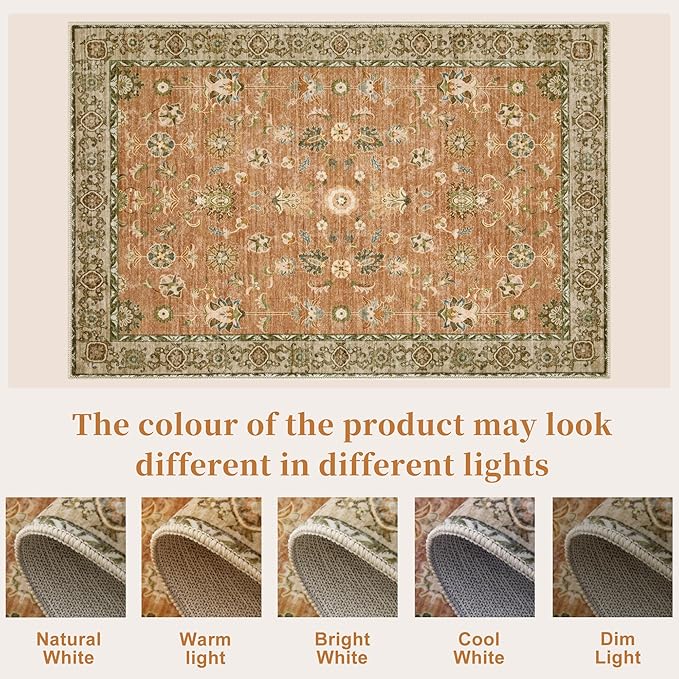 Tangsoo 3x5 Floral Area Rug Washable Non-Slip Low Pile Vintage Boho Distressed Carpet for Bedroom, Entryway, Kitchen, Office, Foyer Decor - Pet & Child Friendly (Terracotta)