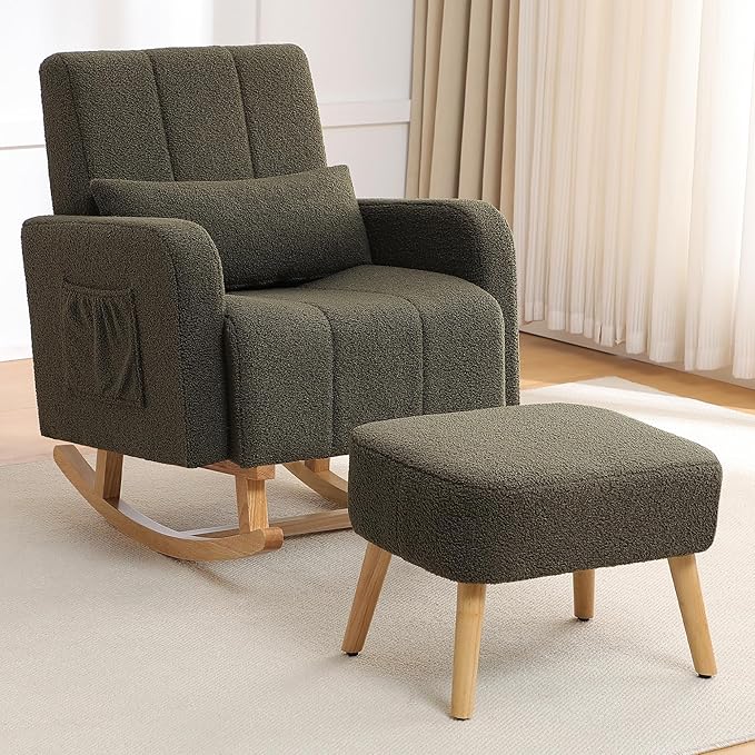 Rocking Nursing Chair with Ottoman, Upholstered Glider Rocker Armchair with High Backrest and Side Pocket, Comfy Reading Chair with Solid Wood Legs for Nursery, Living Room,Bedroom, Green
