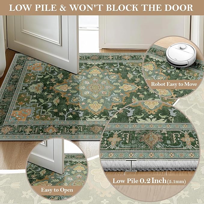 Machine Washable Rugs Nursery Rug 8x10 Area Rugs Non Slip Low Pile Water Repellent Soft Print Pattern for Bedroom Indoor Decor Kids Playroom Green