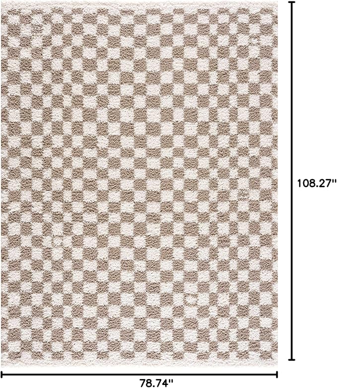 Hauteloom Kieu Contemporary Checkered Fluffy Shag Area Rug - Modern Geometric Soft Carpet Tiles for Living Room, Kids Room, Nursery - Gray, Taupe, White - 6'7" x 9'