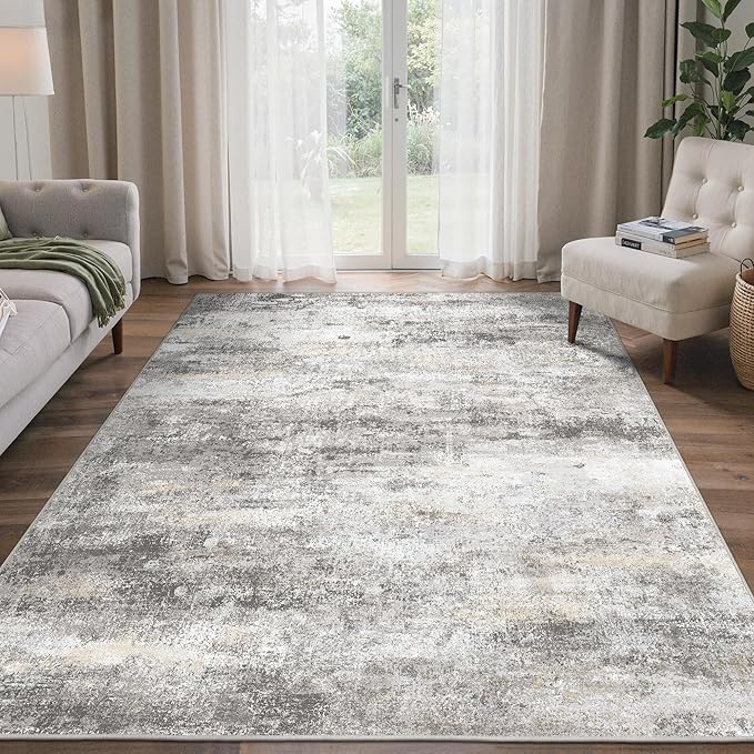 5x7 Area Rugs Washable Grey Rug for Living Room Bedroom, Modern Abstract Large Rug Non Slip, Water Repellent Low Pile Soft Carpet for Dining Room, Home Office, Grey Beige