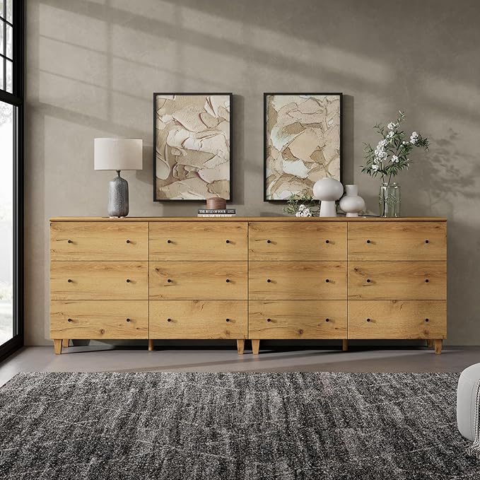 WAMPAT 12 Drawer Wood Dresser for Bedroom, 2-in-1 Extra Wide Chest of Drawers, Modern Storage Organizer Units with Solid Wood Legs for Closet, Living Room, Kids Room, Nursery, Oak Brown, 94.4"