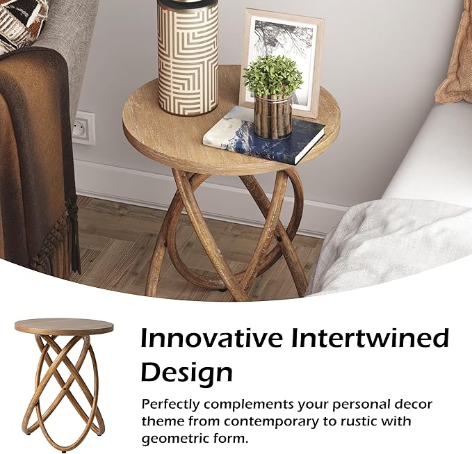 COZAYH Round End Table Farmhouse Wood Side Table Rustic Plant Stand with Intertwined Line Design for Living Room, Office, Walnut