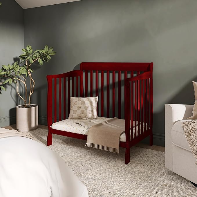 Dream On Me Aden 4-in-1 Convertible Mini Baby Crib in Cherry, GreenGuard Gold & JPMA, Sustainable Pinewood, Non-Toxic Finish, 3 Mattress Heights, Converts to Mini Day & Twin-Size Bed
