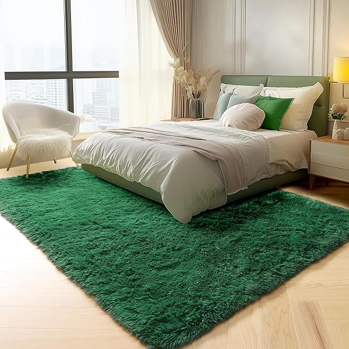 ONASAR Dark Green Area Rugs for Bedroom Living Room, 4x6 Rug, Fluffy Soft Plush Shaggy Bedside Throw Rug, Washable Indoor Floor Carpets for Nursery Kids Girls Boys Teen Dorm Playroom Home Decor