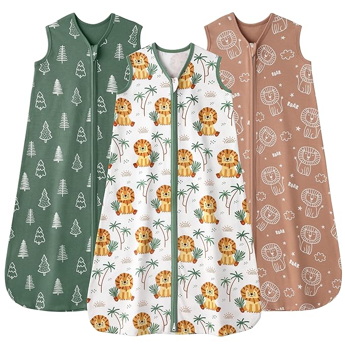 Baby Sleep Sack 0-6 months, 100% Cotton Sleeping Sack for Newborn and Infant, 3 Pack Baby Wearable Blanket, 0.5 Tog Lightweight Double Zipper Sleep Bag Small Brown Green Lion