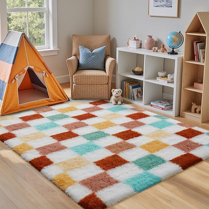 Checkered Rug 4x6 for Living Room, Colorful Modern Shag Rug Super Soft Washable Fluffy Rugs Indoor Fuzzy Carpet for Bedroom Home Dorm Aesthetic Decor