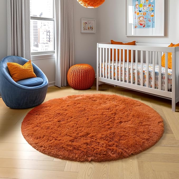 Amdrebio Burnt Orange Small Round Circle Rug 3Ft for Bedroom Living Room Aesthetic, Fluffy Fuzzy Furry Shaggy Area Rugs for Kids Room Decor, Plush Shag Dark Orange Carpet for Nursery Dorm Classroom