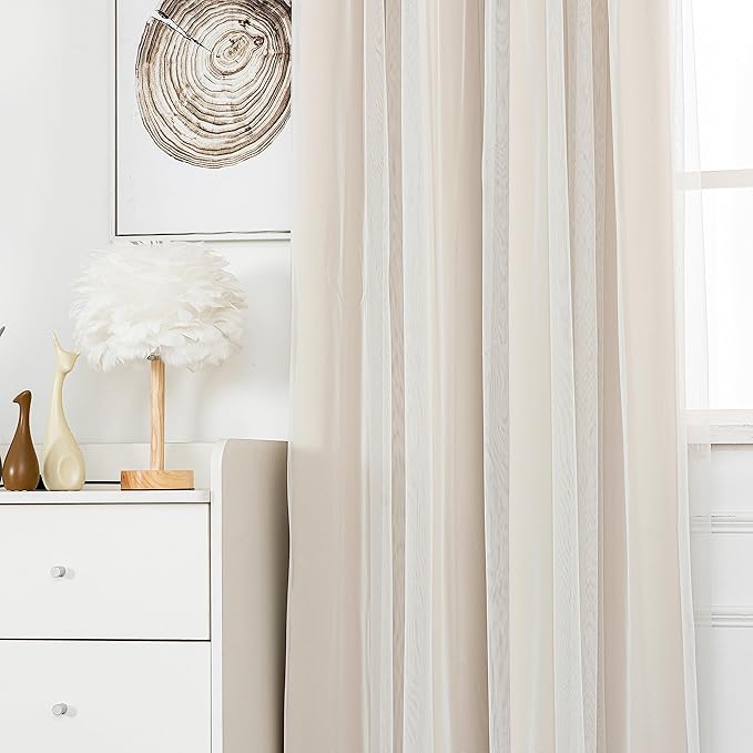 INLINAS Beige Blackout Curtains with Sheer Overlay - Grommet Top Thermal and Noise Reduction Panels for Bedroom and Living Room Light Blocking and Energy Saving, 52 x 72 Inches, Set of 2