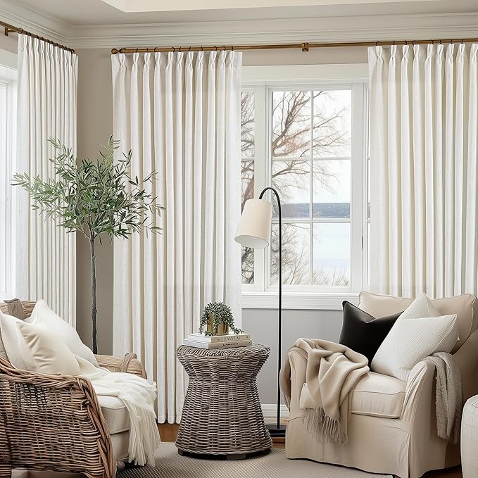 Cream Ivory Extra Wide Pinch Pleat Linen Curtains 84 Inches Long for Living Room Sliding Glass Door 70 Inch Wide Curtain Memory Trained Pleated Drape with Hooks Rings 70x84 Large Window Curtain