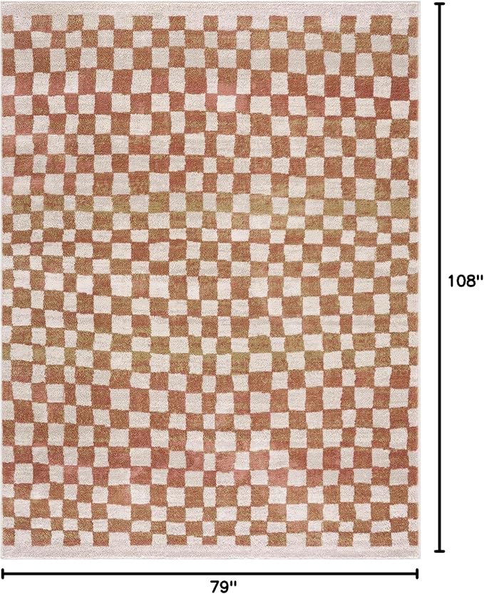Hauteloom Pertek Modern Checkered Area Rug - Modern Geometric Carpet for Living Room, Kids Room, Nursery - Bohemian Boho Carpet - Cream, Beige, Light Red, Somon - 6'7" x 9'
