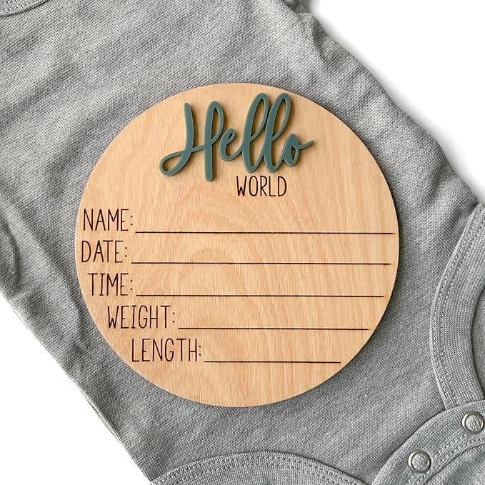 Hello World Newborn Sign, Baby Announcement Sign, Birth Announcement Sign, Hello World Nursery Sign, Baby Hospital Sign, Photo Prop for baby girl boy - (Dark Sage)