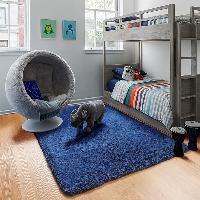 ONASAR Navy Area Rugs for Bedroom Living Room, Washable 4x6 Blue Fluffy Indoor Bedside Floor Rug, Ultra Soft Plush Furry Fuzzy Shaggy Carpet for Nursery Kids Boys Teen Dorm Home Decor Aesthetic