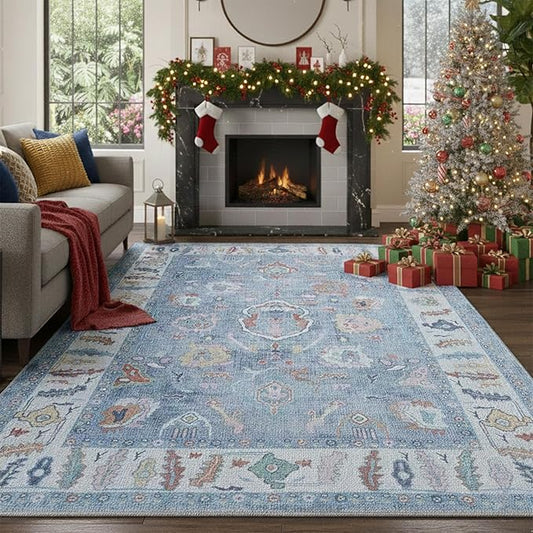 Fame Rugs Blue Modern Oushak Rug 9x12, Vintage Turkish Colorful Oriental Washable Antique Inspired Oversize Area Rugs, Luxury Living Room Bedroom (381LB, 9' x 12)