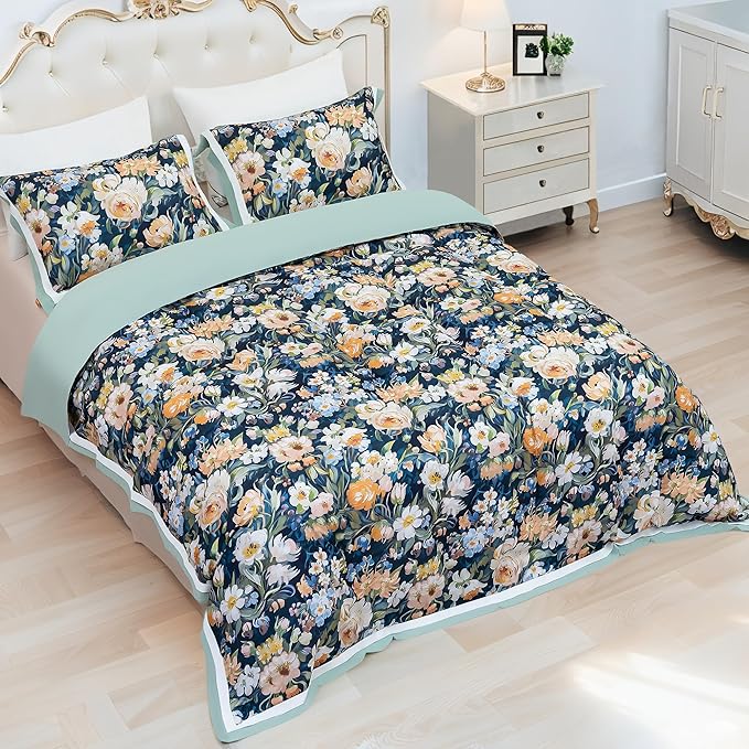 MAGRACE Vintage Botanical Duvet Cover Set Queen Size– 3PC Washed Fiber Bedding Set with Corner Ties & Zipper – Dark Green Background with Yellow Floral Pattern – Farmhouse Garden Style