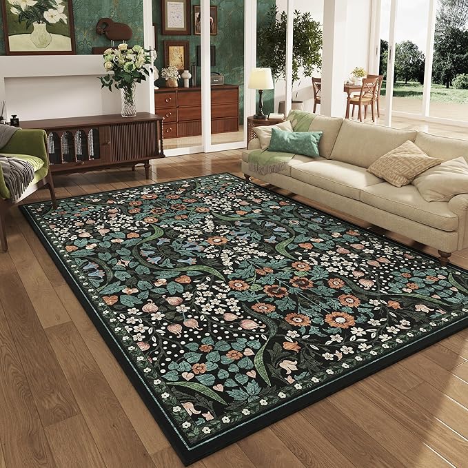 5x7 Green Floral Washable Area Rug for Living Room, Non-Slip Soft Vintage Boho Carpet, Botanical Forest Green Low Pile Rugs for Bedroom, Dinning Room, Dorm, Nursery, Black and Green