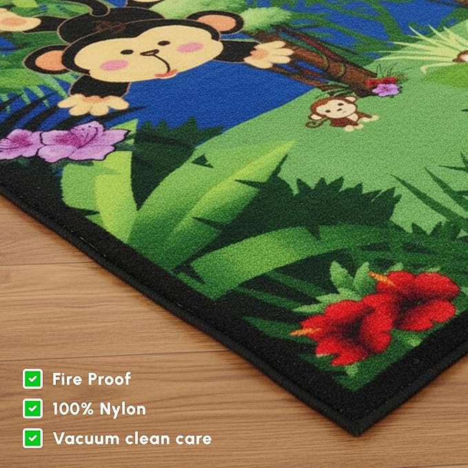 SAFECASTLE Kids Carpet Monkey Jungle Rug – Monkeying Around 4’4” x 5’6” – Educational Play Rug with Monkeys, Flowers & Trees – Fun Area Rug for Playrooms & Classrooms – Durable Nylon Seating Carpet