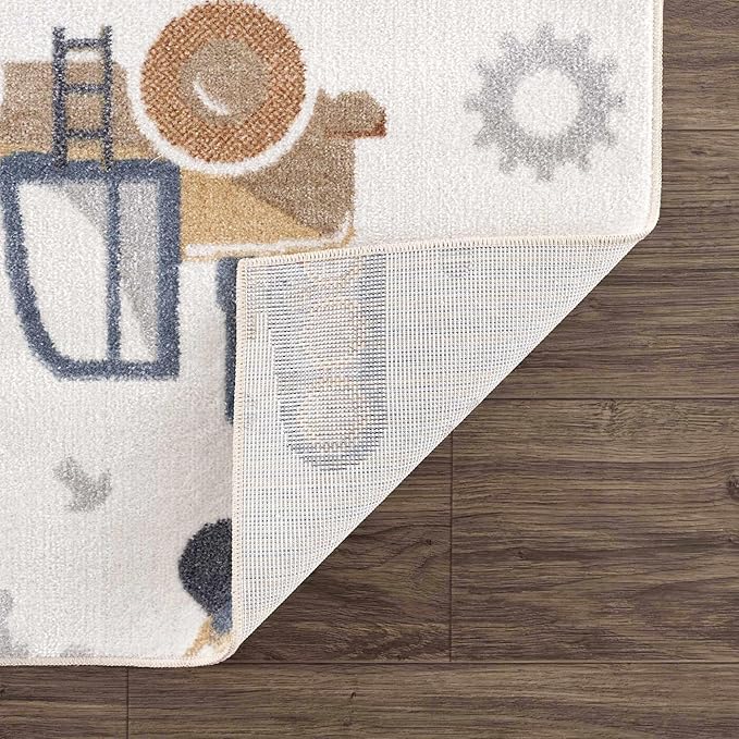 Hauteloom Mochi Kids Room, Nursery Machine Washable Area Rug - Construction Vehicles Machines - Cream, Brown, Beige - 5'3" x 7'