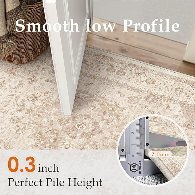 9x12 Beige Washable Vintage Area Rug for Living Room Bedroom Soft Tranditional Non Slip Large Throw Rug Lightweight Floral Low Pile Distressed Carpet Office Playroom Home Decor