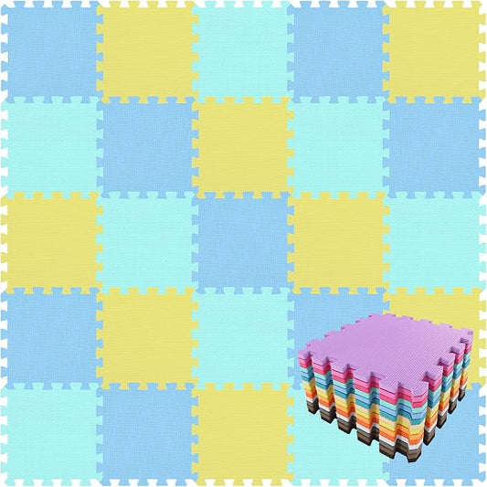 qqpp EVA Rubber 18 Tiles Interlocking Puzzle Foam Floor Mats - Baby Play Mat for Playing | Exercise Mat for Home Workout. Yellow, Blue, Green. QC-EGHb18N