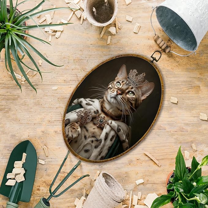Hiuwevt Vintage Cat Renaissance Style Oval Wall Art Decor, Cat Gifts for Women Framed Canvas Prints, Moody King Kitten Oval Wall Hanging Decor for Home Bedroom Living Room Decorations, 8.6x11.4 Inches