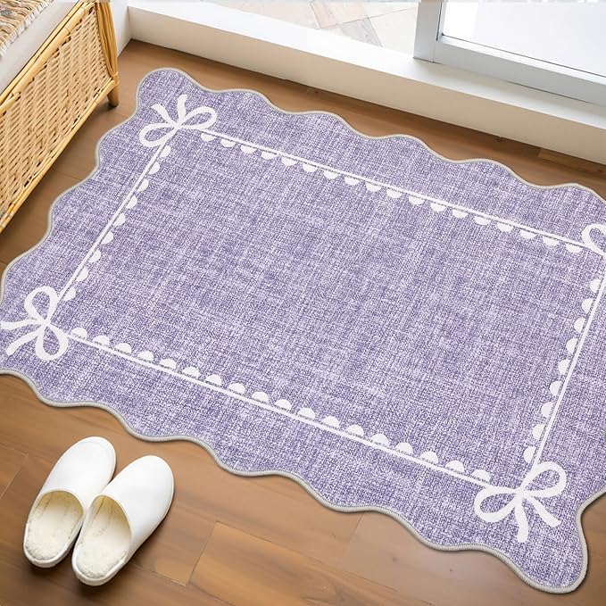 GarveeHome Scalloped Bow Rug for Kitchen Floor, Solid Purple Rug for Dorm, Washable Entryway Rugs 2x3 Soft Low Pile Non Slip Scalloped Rugs for Nursery Bedroom Decor Hallway
