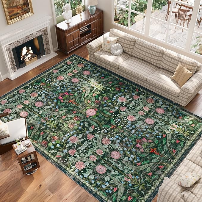 AMTOVO 8x10 Washable Area Rugs for Living Room, Non-Slip Large Soft Boho Floral Vintage Accent Print Carpet for Bedroom Dorm Dining Room Farmhouse Nursery Playroom Home Office, Dark Green