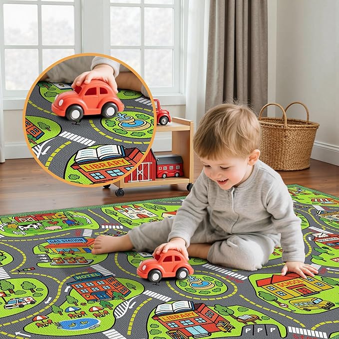 Upgrade Ultra Non Slip Kids Car Rug, Kids Road Playmat Rug for Toy Cars, Educational Town City Map Washable Carpet for Boys Playroom Bedroom, Safer Car Track Play Mat for Children Toddler, 140"x84"