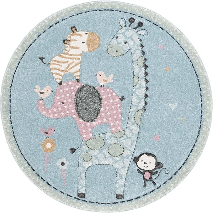 SAFAVIEH Carousel Kids Collection Area Rug - 5'3" Round, Blue, Animal Design, Easy Care & Non-Shedding, Ideal for High Traffic Areas for Boys & Girls in Playroom, Nursery (CRK120K-5R)