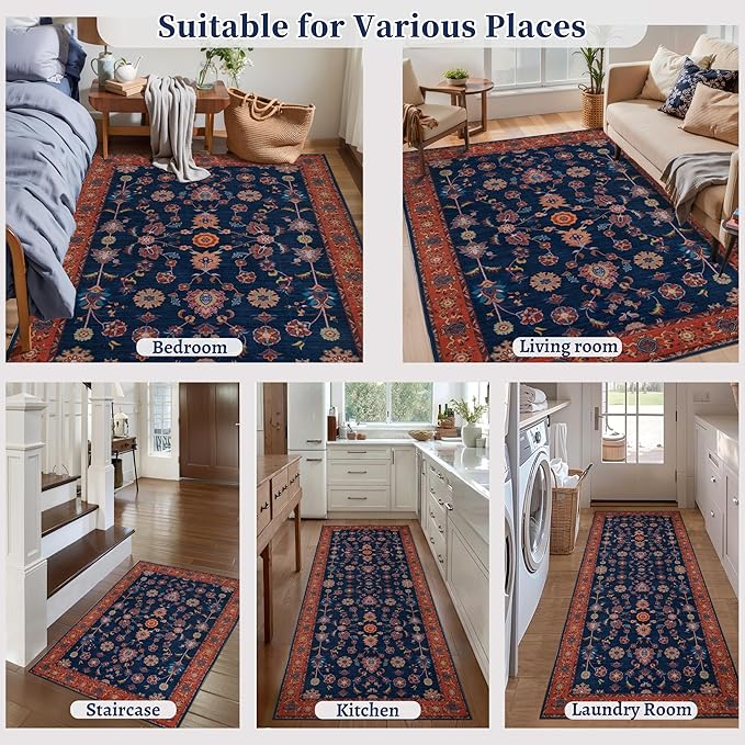 Tangsoo Floral Area Rug 4x6 Machine Washable Red Blue Rug Non-Slip Vintage Distressed Boho Print, Low Pile Carpet for Living Room, Bedroom, Dining Room, Pet & Child Friendly (Red Blue)