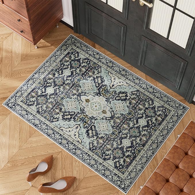 AMTOVO 2x3 Washable Entryway Area Rug Door Mat, Vintage Boho Distressed Print Pattern Non-Slip Carpet, Small Throw Rug for Indoor Entrance Kitchen Bedroom Bathroom Laundry Floor, Grayish Blue
